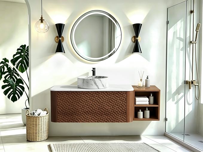 48 Inch Modern Bathroom Vanity with Ceramic Sink, Floating Bathroom Sink Cabinet with Sintered Stone Top&Solid Wood Hammered Frame, Single Bathroom Vanities w/Soft-Close Drawer&IDE Open Cube