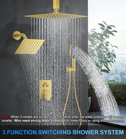 Shower Faucet Set, 12" Ceiling Mount Rainfall Shower System with 2 Rain Shower Head and Multi-function Handheld Head Push Button Diverter Shower Faucet Trim Kit (12", Brushed Gold)