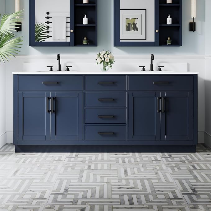 80-Inch Bathroom Vanity with Double Sinks W/ 4 Doors & 4 Drawers & 2 Flip Drawers, Navy Blue Vanity W/Matte Black Handles