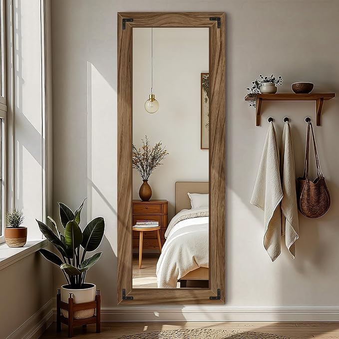 FICTOR Full Length Mirror, 24" x 65" Wooden Floor Mirror for Wall | Solid Wood Frame, Rustic Farmhouse Style, Shatterproof Glass, for Bedroom, Living Room, Entryway Decor, Leaning/Hanging