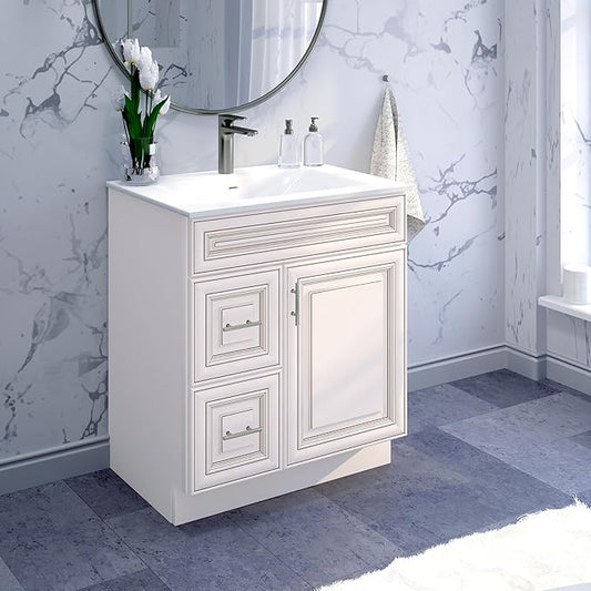 30" Shaker Bathroom Vanity Sink Base with Drawers (Ready-to-Assemble) (Antique White Vanity Base)