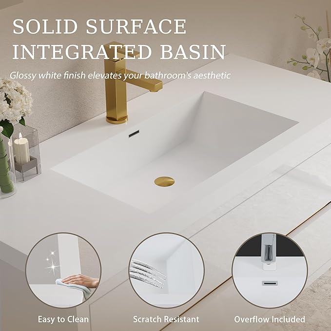 Modern 48" Wall-Mounted Bathroom Vanity with Sink | Floating Storage Cabinet, Stone Resin Countertop, Soft Close Drawers | Glossy White