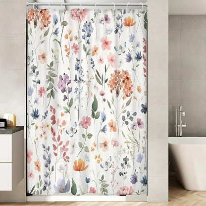 Boho Flower Narrow Colorful Floral Wildflower Bathroom Shower Curtain Set | 48"W x 72"H Leaves Plants; waterproof HD print, quick-dry fabric and plastic hooks for easy setup.