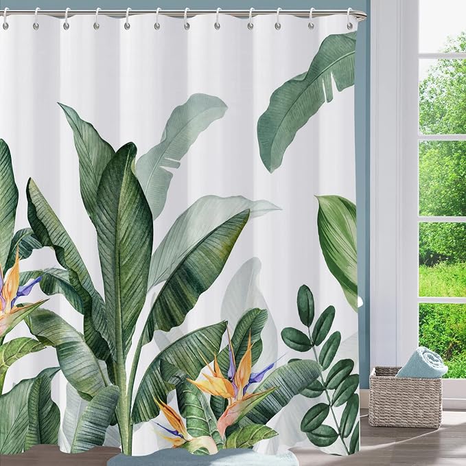 Shower Curtain Tropical Green Plant Shower Curtains for Bathroom, Leaf Shower Curtain, Botanical Shower Curtain Sets, Sage Shower Curtains Waterproof Bathtub Curtain 72x72 Inch with Hooks