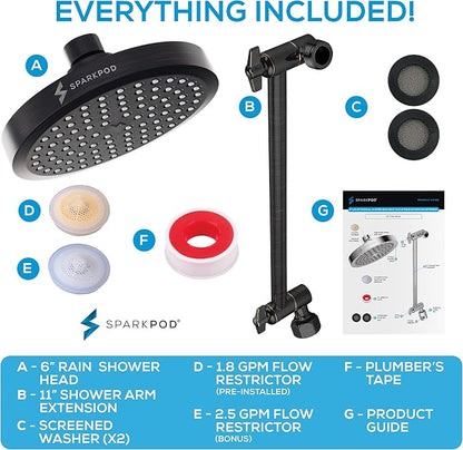 SparkPod 6" Round Rain Shower Head with 11" Shower Arm | Shower Head & Extension Arm Combo, Height Adjustable, High Pressure Performance, Easy 1-Minute Installation,Oil-Rubbed Bronze