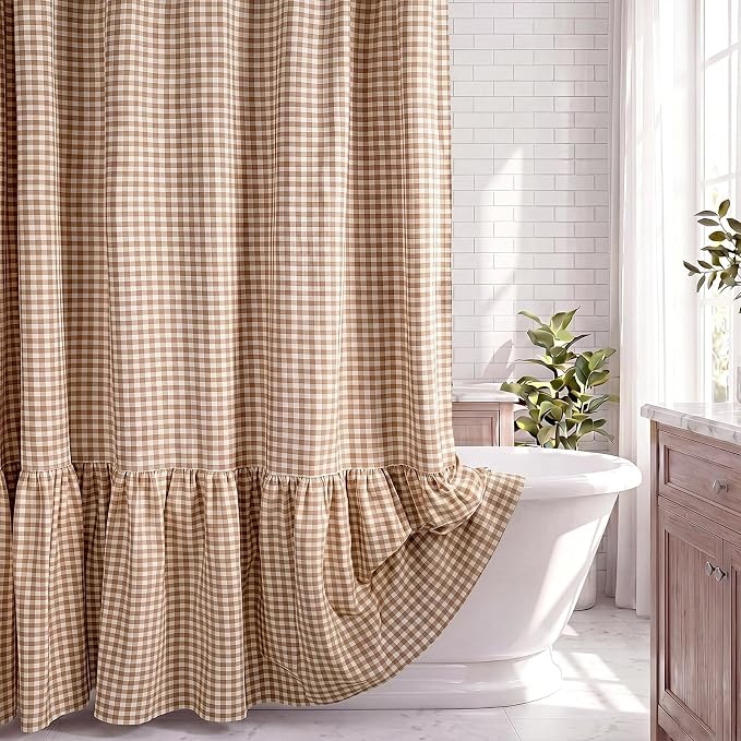 HunnmingRe Ruffle Hem Gingham Shower Curtain Taupe | 72'' x 72'' Vintage Farmhouse Curtain, Cotton Cottage Core Rural Checkered Plaid Decor, Fall Shower Curtain for Bathroom