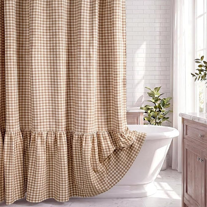 HunnmingRe Ruffle Hem Gingham Shower Curtain Taupe | 72'' x 72'' Vintage Farmhouse Curtain, Cotton Cottage Core Rural Checkered Plaid Decor, Fall Shower Curtain for Bathroom
