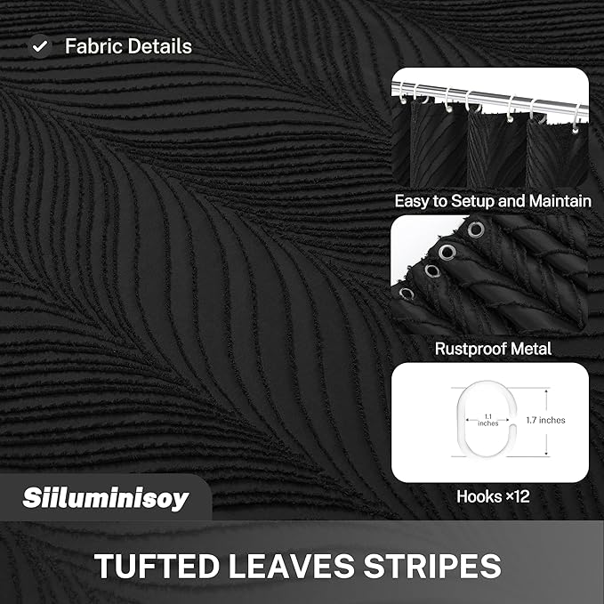 Black Boho Woven Fabric Shower Curtain, 72 x 72 Tufted Leaves Textured Striped Modern Farmhouse Minimalist Cloth Curtain for Bathroom