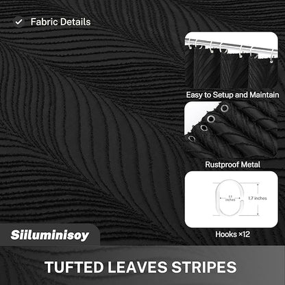 Extra Long Black Boho Shower Curtain Woven Fabric Cute 84 Inch Shower Curtain, 72 x 84 Tufted Leaves Textured Striped Modern Farmhouse Minimalist Cloth Shower Curtain for Bathroom
