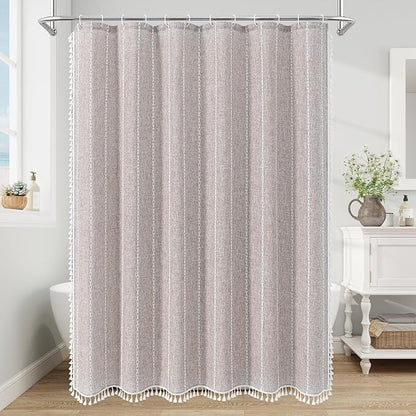 Boho Farmhouse Tassel Linen Shower Curtain,3D Embroidery Stripe Grey,72x78 | Long Tall,310GSM Texture Heavy Duty Cloth,Water Repellent,Wrinkle Resistant,Vintage Rustic Country design,12 Plastic Hooks