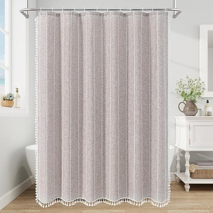 Boho Farmhouse Tassel Linen Shower Curtain,3D Embroidery Stripe Grey,36x72 | Small Stall Half Size,310GSM Linen Texture Heavy Duty Cloth,Water Repellent,Wrinkle Resistant,Vintage Farmhouse Rustic