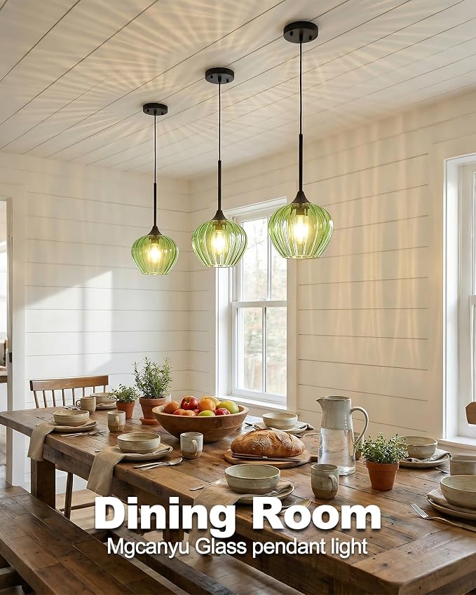 2-Pack Green Pendant Lights Kitchen Island, 7.7" Vintage Glass Pendant Lighting Fixtures Mini Hanging Light for Kitchen, Dining Room, Bathroom, Bedroom