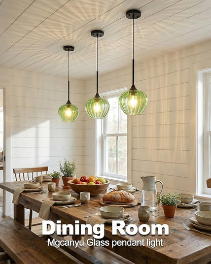 Green Pendant Lights Kitchen Island, 7.7" Vintage Glass Pendant Lighting Samll Adjustable Hanging Light Fixtures for Kitchen, Dining Room, Sink, Bathroom