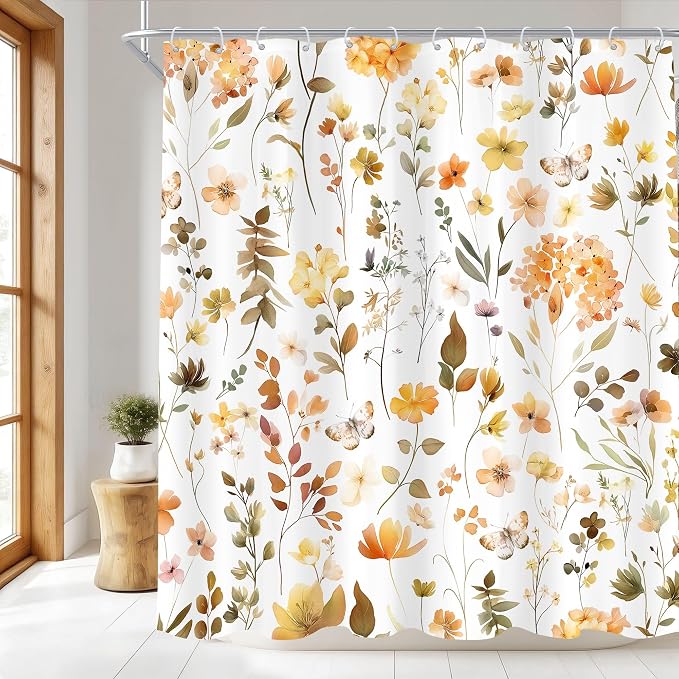 Orange Floral Flower Fall Autumn Brown Plants Bathroom Shower Curtain Set | 72"W x 72"H Botanical Wildflower; waterproof HD print, quick-dry fabric and plastic hooks for easy setup.