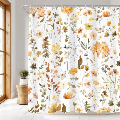 Orange Floral Flower Fall Autumn Brown Plants Bathroom Shower Curtain Set | 72"W x 72"H Botanical Wildflower; waterproof HD print, quick-dry fabric and plastic hooks for easy setup.