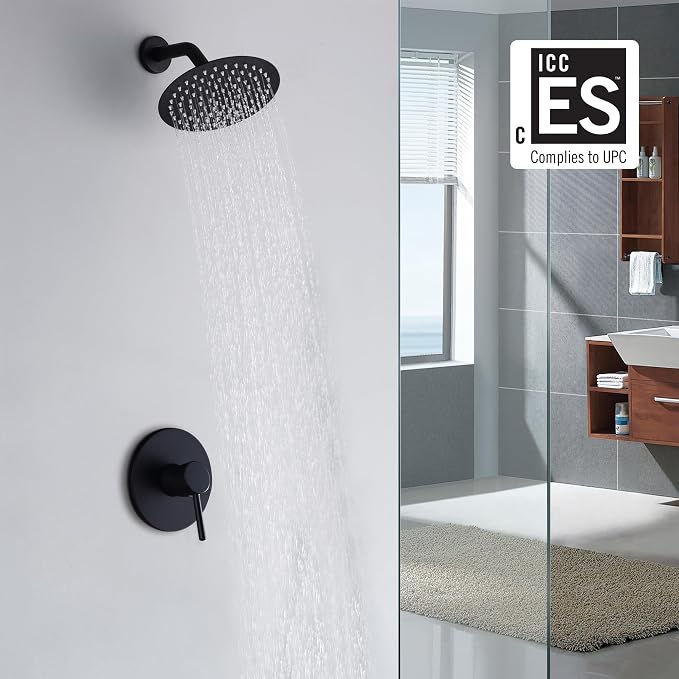 sumerain Black Shower Faucet, Matte Black Shower Fixtures Shower Mixer, Rough-in Valve Included | Shower Fixtures, Shower Mixer, Brass Rough-in Valve Included, 8 Inches High Pressure Stainless Steel Rain Shower Head