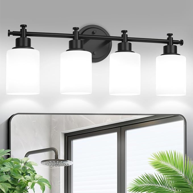 4 Light Bathroom Vanity Light Fixture, 23'' Black Vanity Light over Mirror | Modern Wall Sconce with White Glass Shades, Anti-Rust Vanity Light Fixture over Mirror, 23 Inch (Bulbs Not Included, E26)