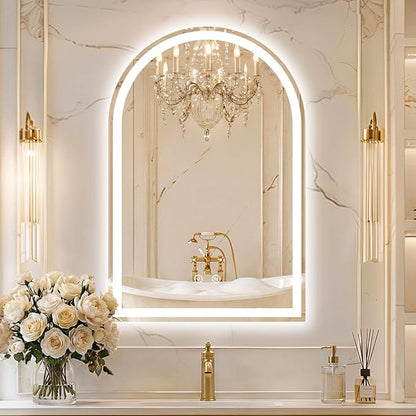 Arched LED Bathroom Mirror with Lights, 24" x 36" Lighted Vanity Mirror | Anti-Fog, Dimmable 3 Colors, Backlit + Frontlit, HD Shatterproof Tempered Glass, Memory Function