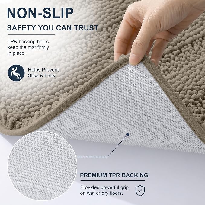 Smiry Thick Chenille Bathroom Runner Rugs 44x24, Soft Bath Mat, Warm Taupe | Quick‑Dry & Machine Washable, Non‑Slip Bath Carpet, Striped Bath Rugs for Tub & Shower, Modern Home Decor Accessories