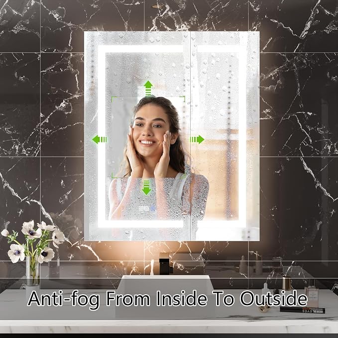 30"x36" Smart LED Medicine Cabinet with Mirror - Double Door Bathroom Storage, Anti-Fog, 3-Color Stepless Dimming, 5X Magnifier, Night Light, Soft-Close Hinges