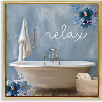 Blue Floral Bathroom Relax Scene, 17 x 17 Inch Canvas in Floater Frame | Stupell Industries · By Kim Allen · Ready to hang · Perfect for bath or laundry decor · Made in USA