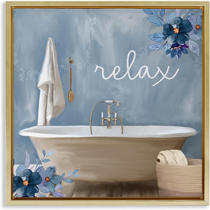 Blue Floral Bathroom Relax Scene, 24 x 24 Inch Canvas in Floater Frame | Stupell Industries · By Kim Allen · Ready to hang · Perfect for bath or laundry decor · Made in USA