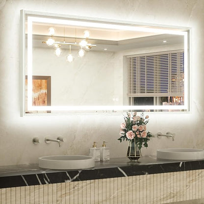 60 x 30 Large Bathroom Mirror Brushed Nickel Metal Frame Frontlit & Backlit Vanity Mirror 3 Colors White/Warm/Natural Stepless Dimmable Anti-Fog Bathroom Mirrors for Vanity Wall-Mounted