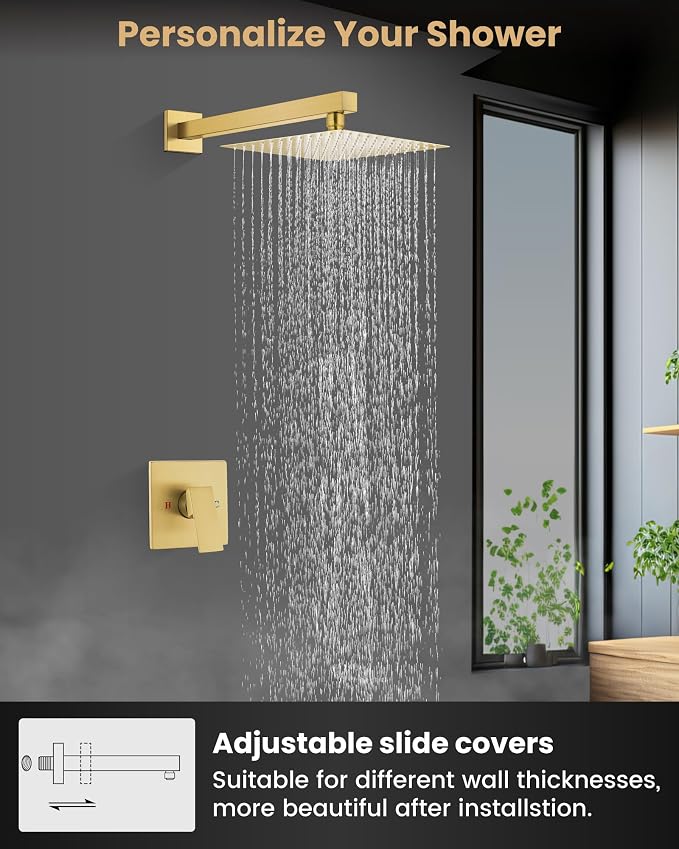 Airuida 10 Inch Brushed Gold Shower Faucet Set,Shower Valve Kit | Rainfall Shower Head and Handle Set,Female Thread Rough-in Valve Shower Kit,Single Function Shower System