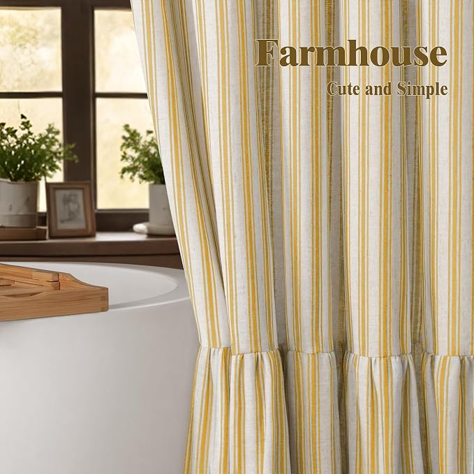Farmhouse Shower Curtain Ruffle Linen Cream-Yellow Stripe 72"W x 78"L | Farmhouse Boho, Striped, Bottom Ruffle, Linen Fabric, Rustic, Country, Natural Look, Washable, for Bathroom Bathtub