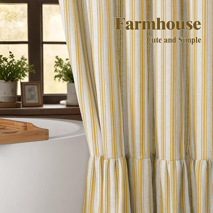 Farmhouse Shower Curtain Ruffle Linen Cream-Yellow Stripe 72"W x 84"L | Farmhouse Boho, Striped, Bottom Ruffle, Linen Fabric, Rustic, Country, Natural Look, Washable, for Bathroom Bathtub