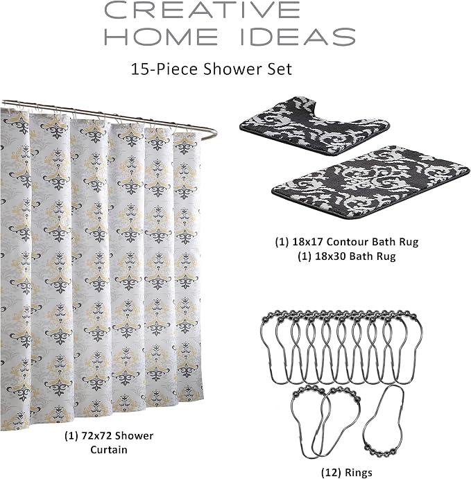 15-Piece Bathroom Shower Curtain Set – Set of 1 Shower Curtain & 12 Metal Hooks & 1 Bath Mat & 1 Contour Mat, Modern Bathroom Décor, Machine Washable, Cameron Yellow/Grey/White