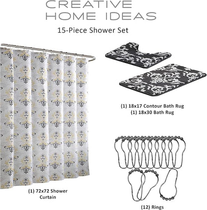 15-Piece Bathroom Shower Curtain Set – Set of 1 Shower Curtain & 12 Metal Hooks & 1 Bath Mat & 1 Contour Mat, Modern Bathroom Décor, Machine Washable, Cameron Yellow/Grey/White