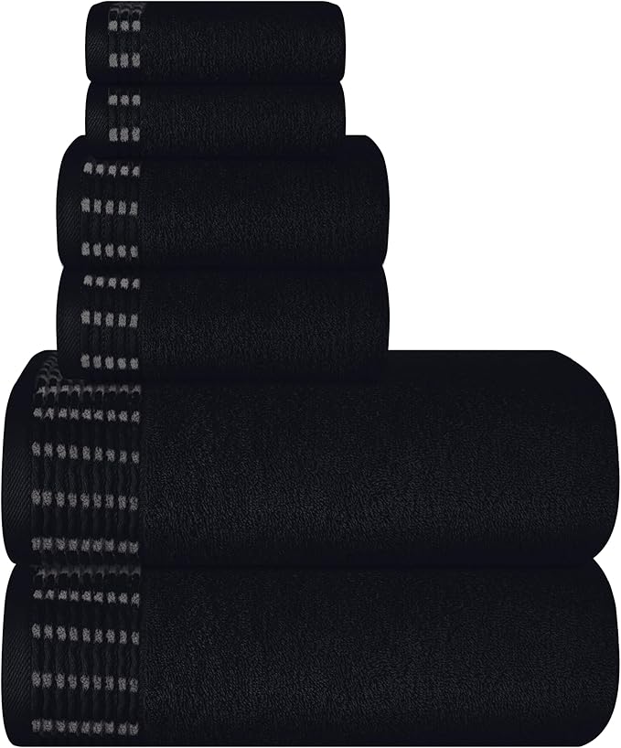 Ultra Soft 6 Pack Cotton Towel Set, Contains 2 Bath Towels 28x55 inch, 2 Hand Towels 16x24 inch & 2 Wash Cloths 12x12 inch, Ideal Everyday use, Compact & Lightweight - Black