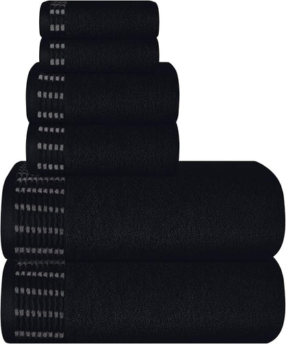 Ultra Soft 6 Pack Cotton Towel Set, Contains 2 Bath Towels 28x55 inch, 2 Hand Towels 16x24 inch & 2 Wash Cloths 12x12 inch, Ideal Everyday use, Compact & Lightweight - Black