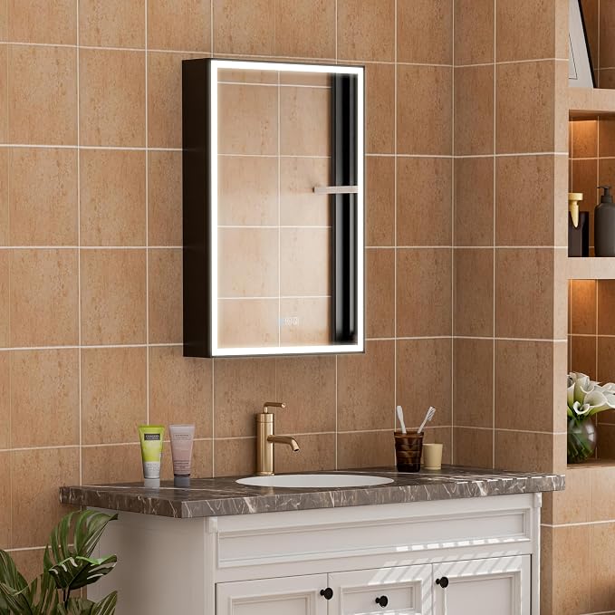 20" X 30" LED Mirrored Medicine Cabinet, Medicine Cabinets with Lights for Bathroom, Defogging Function Mirror Cabinet, Bathroom Medicine Cabinet with USB Port & Outlet, Right Opening Doors