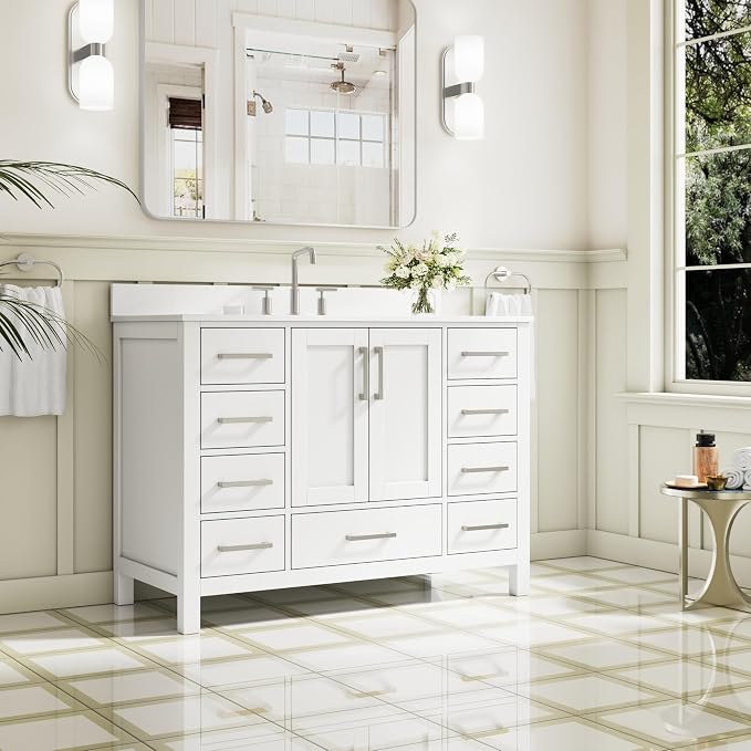 48-Inch Bathroom Vanity with Sink, 2 Soft-Close Doors and 9 Soft-Close Drawers, Bathroom Freestanding Vanity with Cultured Marble Countertop, White Vanity with Brushed Nickel Handles
