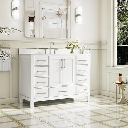 48-Inch Bathroom Vanity with Sink, 2 Soft-Close Doors and 9 Soft-Close Drawers, Bathroom Freestanding Vanity with Cultured Marble Countertop, White Vanity with Brushed Nickel Handles