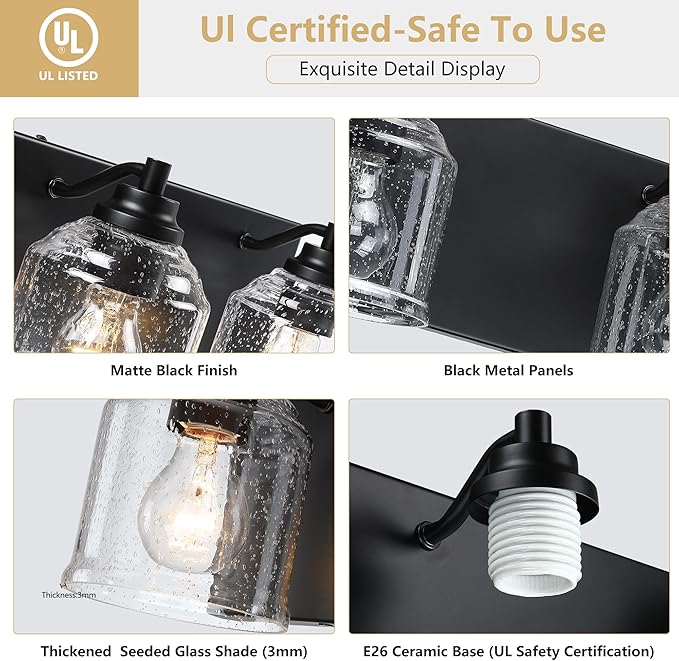 Vanity Lights for Bathroom Large 23", Farmhouse Rustic Vanity Light with Bubble Glass Shades, Black 3 Light Bathroom Lighting Fixtures Over Mirror, Bath Wall Sconce Home Decor