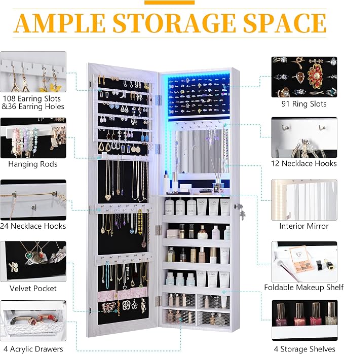 47.2" LED Jewelry Mirror Cabinet, Wall/Door Mounted Jewelry Armoire Organizer with Full Length Mirror, Large Storage Hanging Cabinet, 4 Drawers, 5 Shelves, Built-in Lighted Mirror (White)