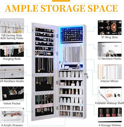 47.2" LED Jewelry Mirror Cabinet, Wall/Door Mounted Jewelry Armoire Organizer with Full Length Mirror, Large Storage Hanging Cabinet, 4 Drawers, 5 Shelves, Built-in Lighted Mirror (White)