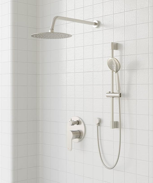 Gabrylly Shower System, Slide Bar Shower Faucet Set, 10", Brushed Nickel | Rainfall Shower Head with 5-Setting Handheld Spray, Wall Mounted Shower Set Included 2-Way Shower Valve and Trim Kit