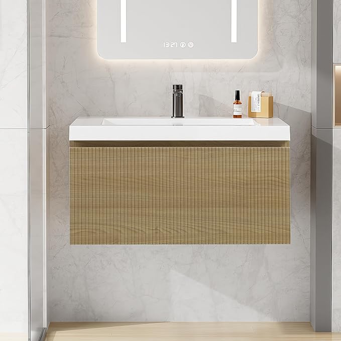 30 Inch Floating Bathroom Vanity with Sink, Modern Oak Wall Mounted Floating Vanity with Glossy Resin Sink, Soft Closing Drawer, Fully Pre Assembled Bathroom Vanity, Natural Oak