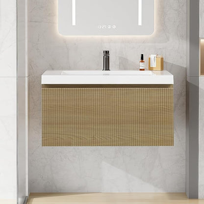 30 Inch Floating Bathroom Vanity with Sink, Modern Oak Wall Mounted Floating Vanity with Glossy Resin Sink, Soft Closing Drawer, Fully Pre Assembled Bathroom Vanity, Natural Oak
