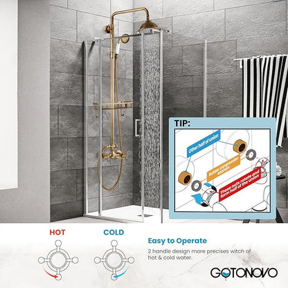 gotonovo Antique Brass Exposed Bathroom Shower Faucet with Shower Shelf 8 inch Rain Shower Head Double Cross Handle With Adjustable Handheld Sprayer Shower Shower System 2 Functions Wall Mounted