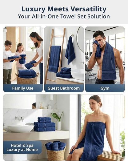 LANE LINEN Towel Set 12 Piece Soft Absorbent Quick Dry 100% Cotton - Navy | Towel Pack - Terry Weave Comfort, Long-Lasting Comfort, Hotel-Style Look, Gets Softer With Every Wash, Machine Washable