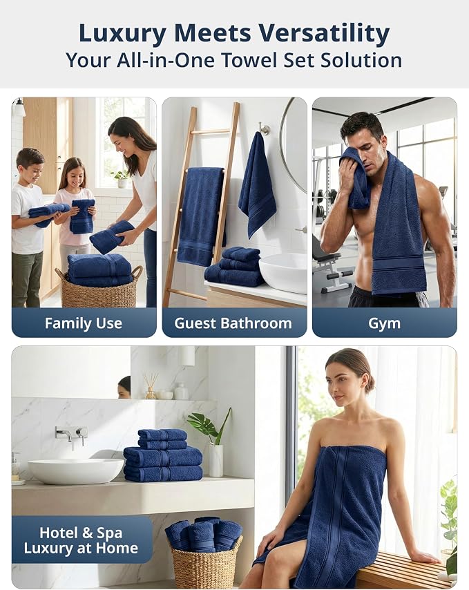 LANE LINEN Bath Towel Set 100% Cotton 6 Piece Soft Absorbent - Navy | Shower Towels - Generously Sized, Oversized & Roomy, Lightweight & Breathable, Fade-Resistant Color, Classic Terry Weave