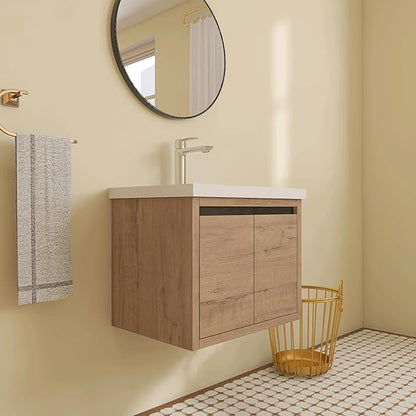 24 Inch Bathroom Vanity with Sink, Modern Floating Single Sink Bathroom Vanities Set, Wall-Mounted Bathroom Vanity, Soft Close Door (Oak, 18 * 24)