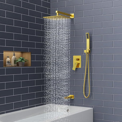 SR SUN RISE 12 Inches All Metal Square Shower System with Tub Spout, Tub Shower Faucet Set, High Pressure Rain Shower Head and Handheld Sprayer Combo Shower Fixtues, Valve Included, Brushed Gold