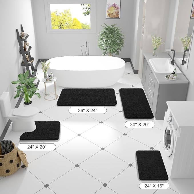 OLANLY Bathroom Runner Rugs 70x24, Extra Soft Absorbent Chenille Bath Rugs | Black, Quick-Drying Rubber Backing, Machine Washable Long Bath Mat for Bathroom Floor, Tub and Shower, Home Decor Accessories