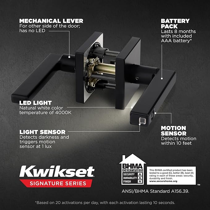 Kwikset Halifax LED Motion Activated Light Up Passage Door Lever for Closet and Hallway Doors, Reversible Non-Locking Handle Lever, Matte Black, with Microban Protection